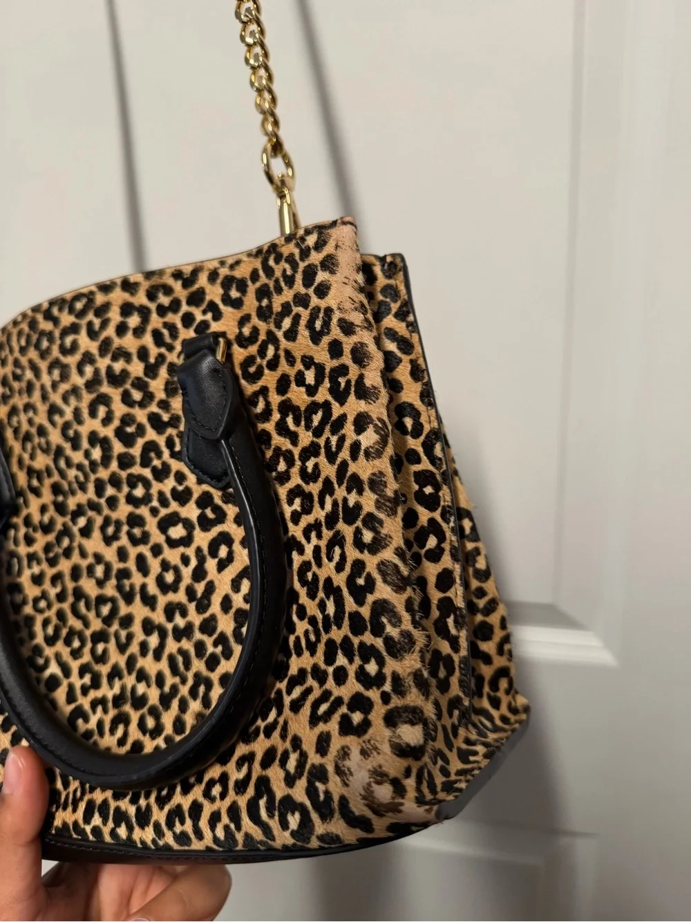 Michael Kors Hamilton Leopard Calf Hair Satchel Crossbody Bag Gold Hardware